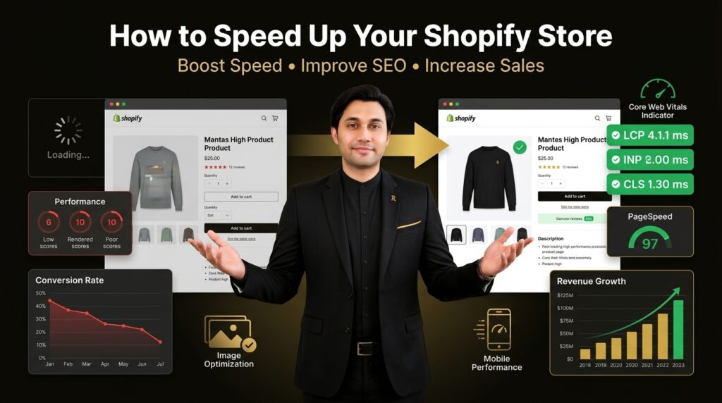 How to speed up a Shopify store in 2026 showing Core Web Vitals optimization, PageSpeed improvements, faster loading times, better SEO rankings and increased ecommerce conversions.