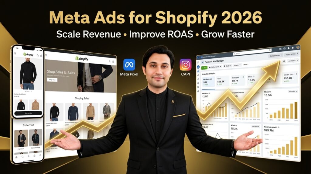 Meta Ads for Shopify Stores 2026 showing Facebook and Instagram advertising, ROAS optimization, conversion tracking, ecommerce growth and revenue scaling.