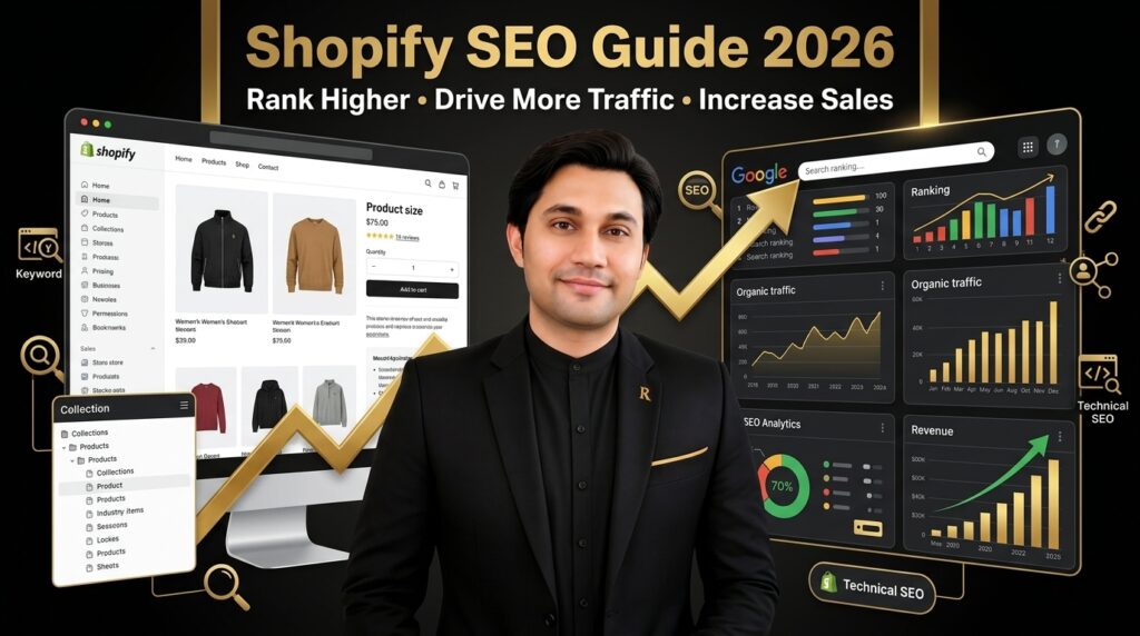 Shopify SEO Guide 2026 showing Google rankings, organic traffic growth, keyword optimization, ecommerce SEO strategy and revenue growth.